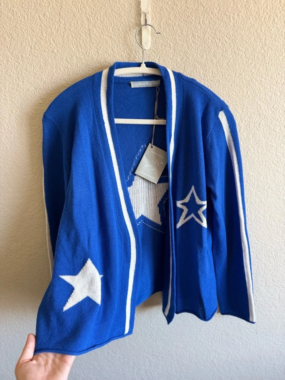 NWT Hannah Rose Merino Wool & Cashmere Open Front Cardigan Blue & White Medium - Picture 5 of 8